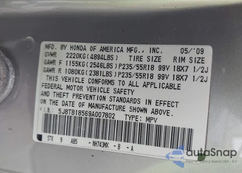 2009 Acura Rdx из США, поврежденный, VIN 5J8TB18569A007802